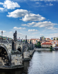 View of the Charles Bridge and the Vltava River in Prague, the capital of the Czech Republic.