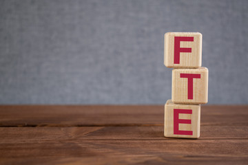 FTE (full time equivalent) acronym on wooden cubes on dark wooden backround. Business concept.