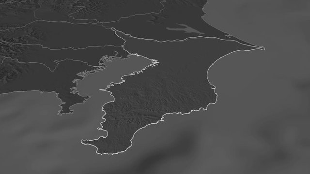 Chiba, prefecture with its capital, zoomed and extruded on the bilevel map of Japan in the conformal Stereographic projection. Animation 3D