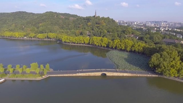 Aerial shot of ken Bridge on the West Lake Hangzhou, China