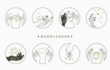 Beauty occult logo collection with hand,geometric,crystal,moon,rose.Vector illustration for icon,logo,sticker,printable and tattoo