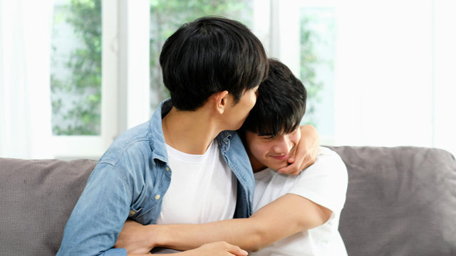 Happy asian homosexual gay man couple, Young asia boy, male lgbt in happy moment relationship, People diversity love lifestyle, LGBTQ pride concept