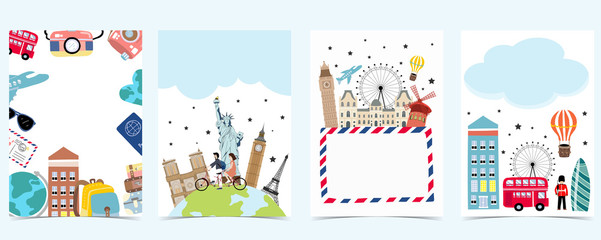 Travel to world background set in europe,america.Editable vector illustration for website, invitation,postcard and sticker.include wording enjoy your journey, adventure time
