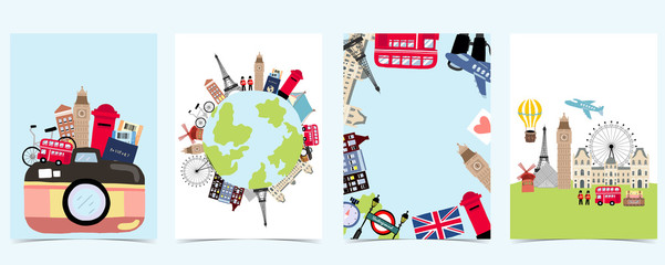 Travel to world background set in europe,america.Editable vector illustration for website, invitation,postcard and sticker.include wording enjoy your journey, adventure time