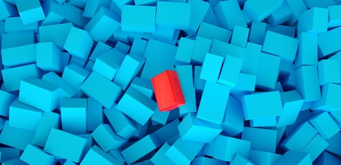 3d ILLUSTRATION, of blue and one red abstract crystal background, cube texture, wide panoramic for wallpaper
