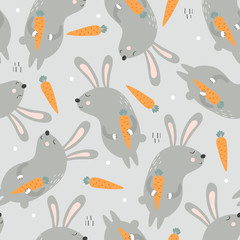 Rabbits with carrots, hand drawn backdrop. Colorful seamless pattern with animals, food. Decorative cute wallpaper, good for printing. Overlapping colored background vector