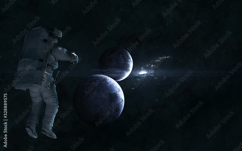 Wall mural cosmic landscape. astronaut, planets on background of blue galaxy in deep space. nebulae, star clust