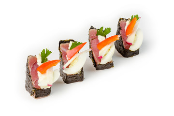 Snack roll with meat and egg on a white background
