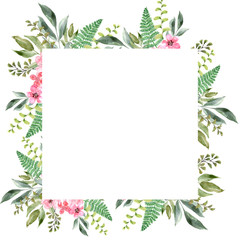 Watercolor flower frames of various shapes. Flowers, leaves and buds. Designs for postcards, invitations, and graphic design