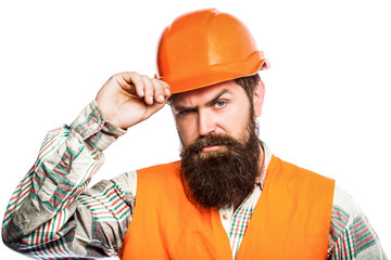 Man builders, industry. Portrait architect builder, civil engineer working. Builder in hard hat,...