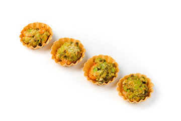 Snack basket with seafood and avocado on a white background
