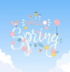 Beautiful handwritten inscription on a sky background with clouds. Hello Spring. Lettering, white letters with pink flowers and leaves. Modern blank for design. Vector illustration.