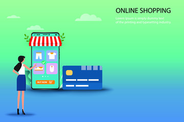 Business concept of online shopping, young woman is standing in front of credit card and smartphone that the display contain list of products to find a new pant in blue green shade color background.
