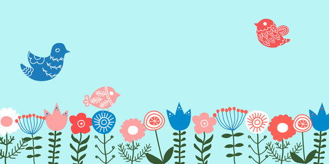 Colorful vector ethnic hand drawn spring background with flowers and birds. 