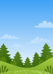 Fototapeta premium Modern spring meadow with green grass and wildflowers. Poster with summer landscape, coniferous forest, blue sky with clouds. Simple vector illustration.