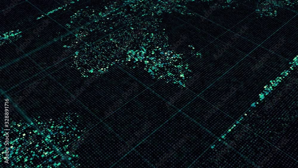 Poster abstract animation of world map in digital screen with colorful dots and lines, seamless loop. anima
