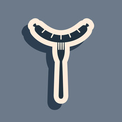 Black Sausage on the fork with steam icon isolated on grey background. Grilled sausage and aroma sign. Long shadow style. Vector Illustration