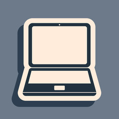 Black Laptop icon isolated on grey background. Computer notebook with empty screen sign. Long shadow style. Vector Illustration