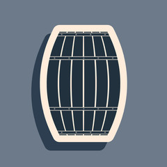 Black Wooden barrel icon isolated on grey background. Alcohol barrel, drink container, wooden keg for beer, whiskey, wine. Long shadow style. Vector Illustration