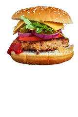 burger, meat cutlet beef steak, tomato, sauce and lettuce tasty meat snack sandwich menu concept. food background. top view. copy space