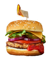 burger, meat cutlet beef steak, tomato, sauce and lettuce tasty meat snack sandwich menu concept. food background. top view. copy space