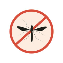 A forbidding sign, a red circle crossed out, and a mosquito. Isolated on a white background. Stock vector graphics.