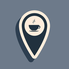 Black Map pointer with hot coffee cup icon isolated on grey background. Long shadow style. Vector Illustration