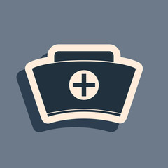 Black Nurse hat with cross icon isolated on grey background. Medical nurse cap sign. Long shadow style. Vector Illustration