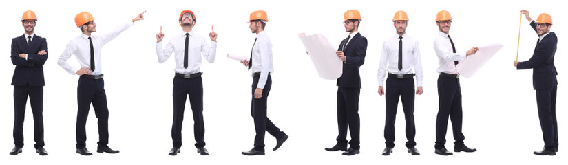 panoramic photo collage of qualified architect isolated on white