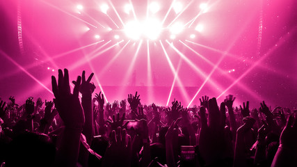 Happy people dance in nightclub DJ party concert and listen to electronic dancing music from DJ on...