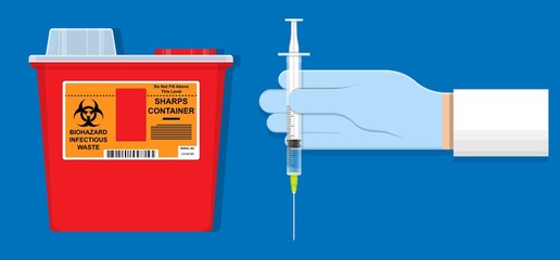 Sharps container HIV trash toxic risk care nurse label caution blood drug lab warning reused worker garbage hygiene danger lancet blade health sanitary virus clinic lacerate scalpel  control injure