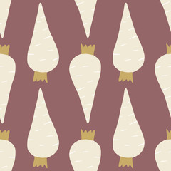 Geometric radish root seamless pattern in doodle style. Vegetarian healthy food texture.