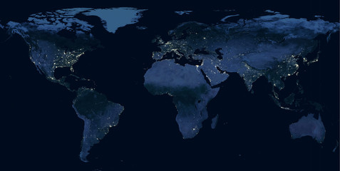 Earth at night, world map with city lights showing human activity in North America, Europe and East...