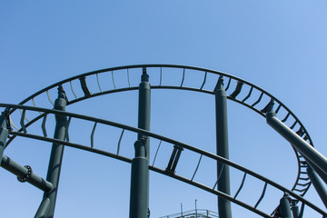 Curved Rollercoaster at a theme or amusement park empty green metal tracks and on blue sky background.
