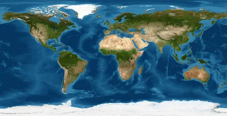 Poster Im Rahmen Weltkarte, flache Erdansicht aus dem Weltraum. Physische Karte auf einem globalen Satellitenfoto. Elemente dieses von der NASA bereitgestellten Bildes. © scaliger