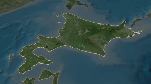 Hokkaido, circuit with its capital, zoomed and extruded on the satellite map of Japan in the conformal Stereographic projection. Animation 3D