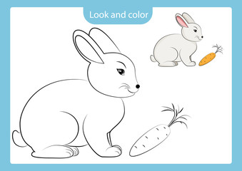 Coloring page outline of rabbit and carrot with example