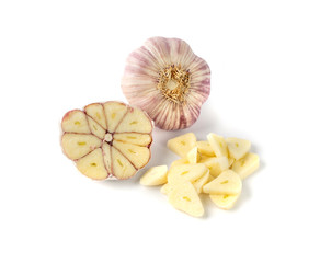 Fresh Garlic Parts Isolated on White Background