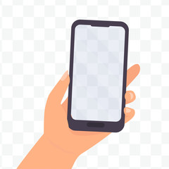 Hand holding smartphone illustration. Smartphone with transparent screen. Space for your text or image. Stock vector.