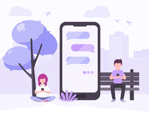 Young woman and young man sitting in city park near big smartphone with the message bubbles on screen. Stock vector. People and mobile technology flat illustration, chat, mobile messengers concept.