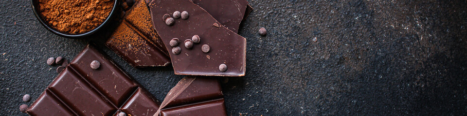 chocolate delicious cocoa dessert, pieces of sweets, menu concept. food background top view. copy space
