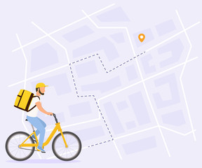 Food delivery vector illustration. Courier man on bicycle with yellow parcel box on the back. Route with dash line trace and finish point on city map. Top view.