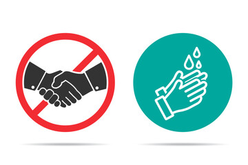 No handshake and hand washing icons in a flat design