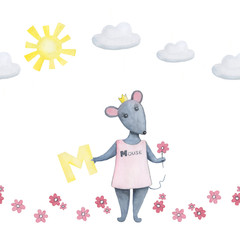 Seamless pattern, Watercolor drawing hand, mouse, hearts, letter, for decor, fabric, paper and cards