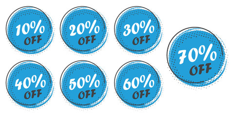 Set of grunge sticker with 10, 20, 30, 40, 50, 60, 70 percent off in a flat design with halftone. For sale, promotion, advertising