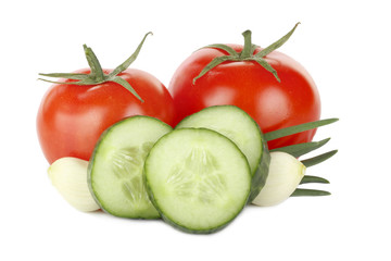 tomatoes, cucumbers, garlic and onion isolated on white