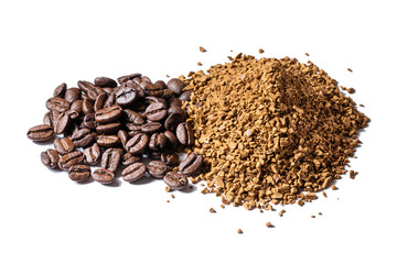 Ground coffee and beans over white isolated background. High resolution, DOF.