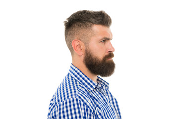 Services for men. Trust your barber. Facial hair. Hipster with long beard and stylish hair on white background. Brutal guy with shaped beard and mustache hair. Bearded man with unshaven face hair