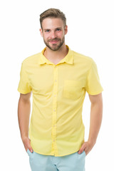 Fototapeta premium handsome smiling man. friendly shop assistant. best manager for you. man with bristle isolated on white. male beauty and fashion. Handsome man posing. happy university student