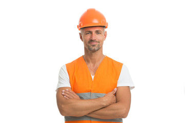 architect isolated on white. engineer man in hard hat. industrial man engineer with crossed hands....